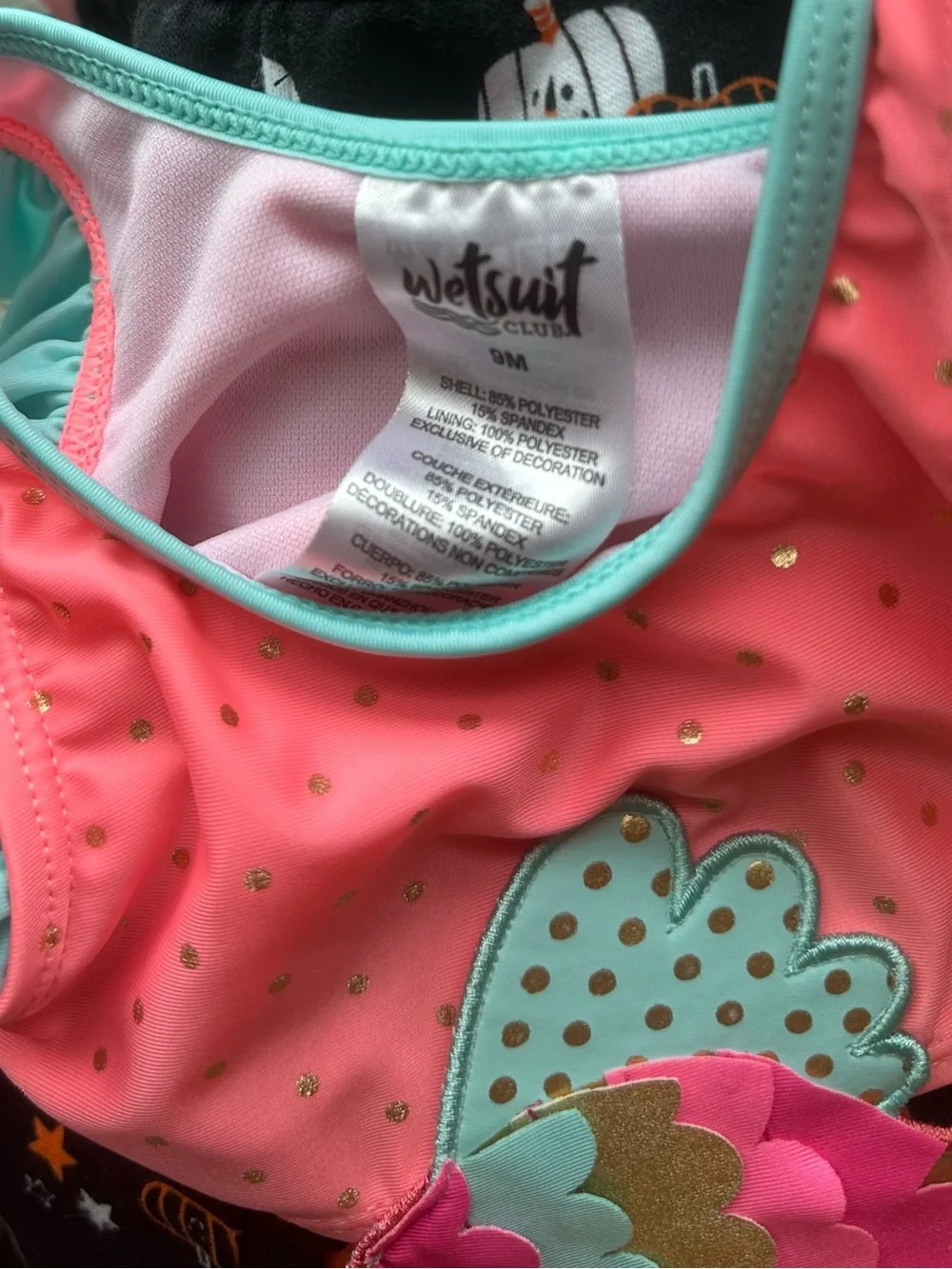 Girls' Coral Pink Fish Applique One-Piece Swimsuit with Aqua Ruffles